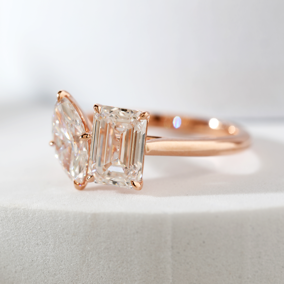 14K Rose Gold Marquise Cut and Emerald Cut Lab Diamond Toi et Moi Ring