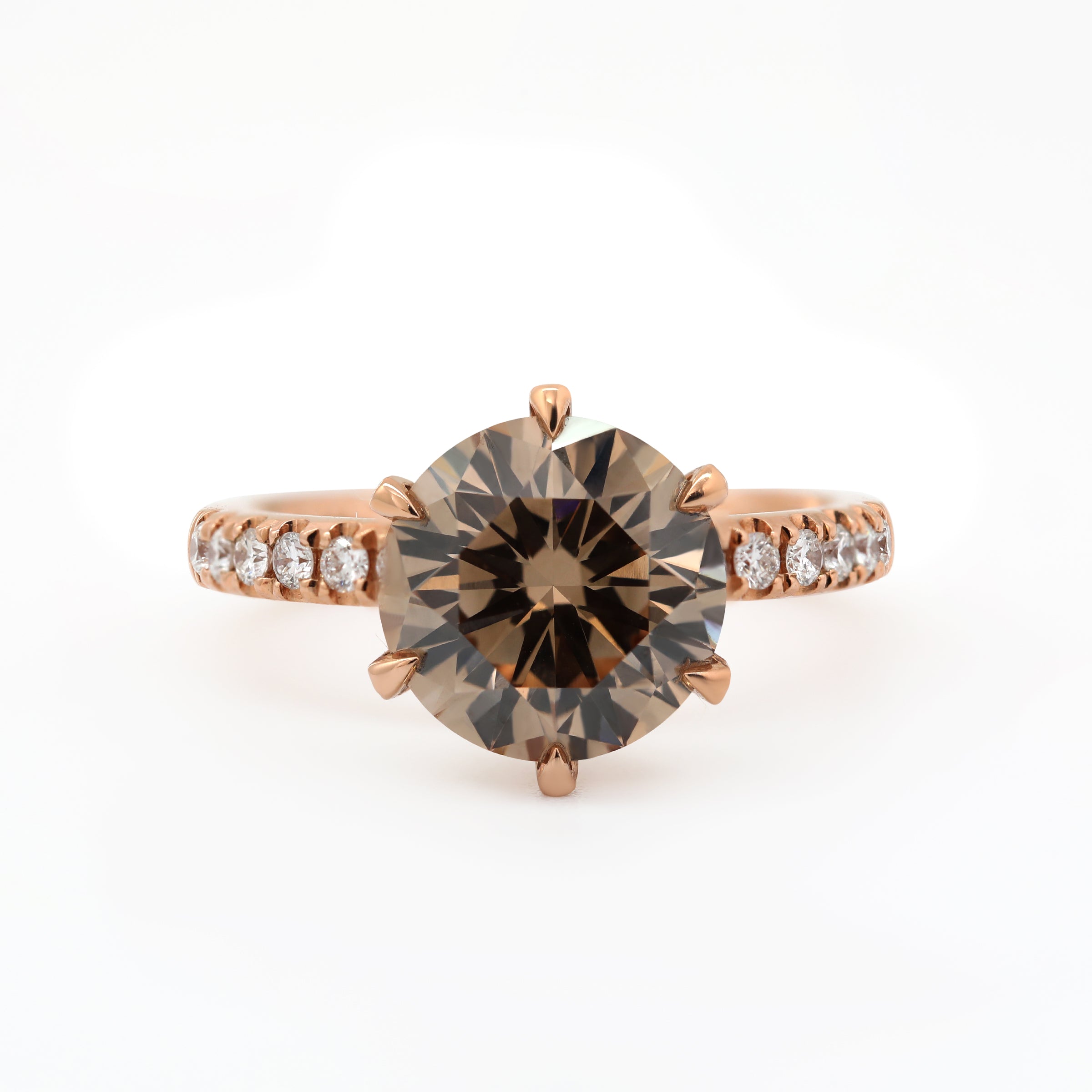 14K Rose Gold 2.4ct Round Briliant Cut Brown Lab Diamond Pave Ring