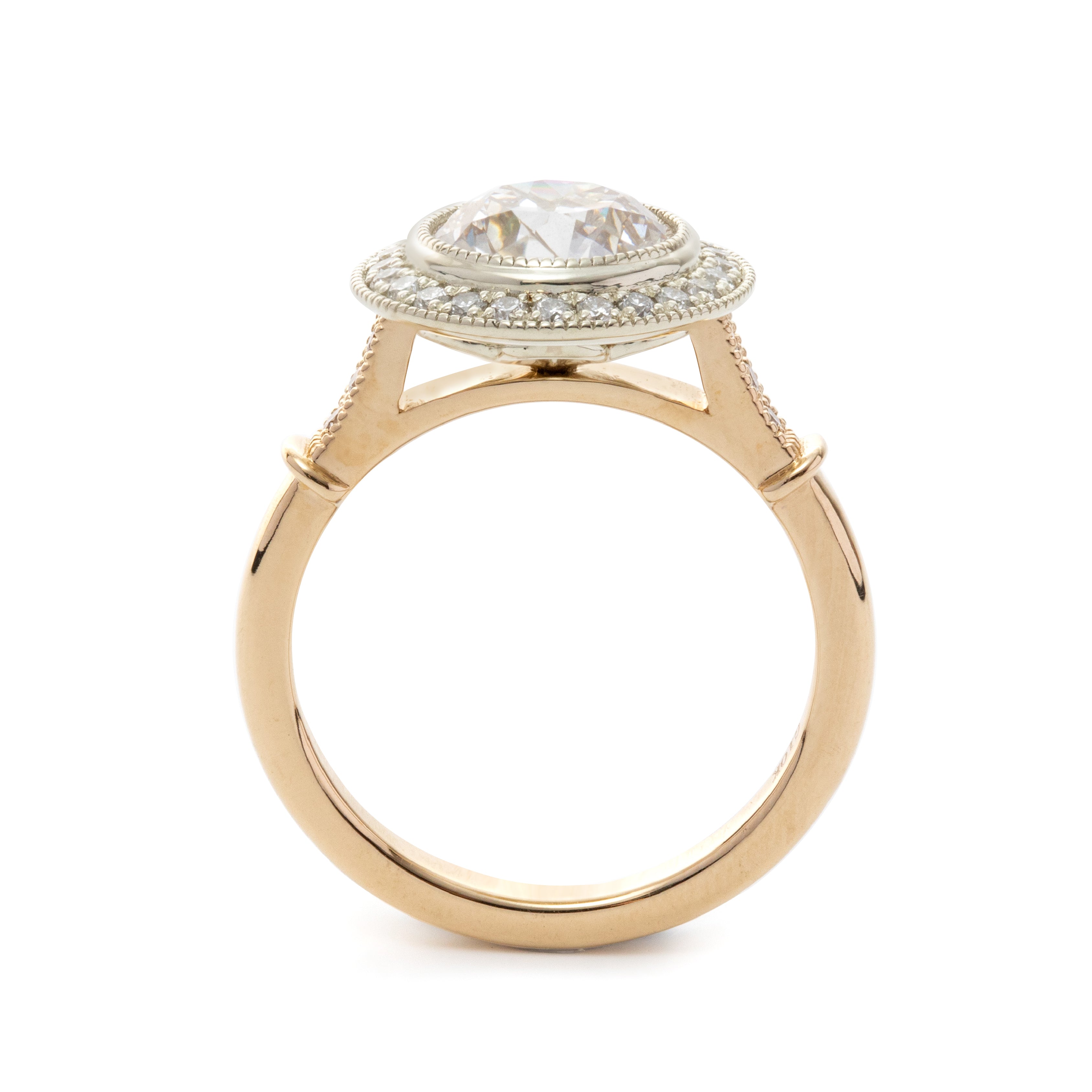 14K Yellow Gold 2ct Old European Cut Lab Diamond Miillegrain Vintage Ring with a 14K White Gold Round Diamond Halo