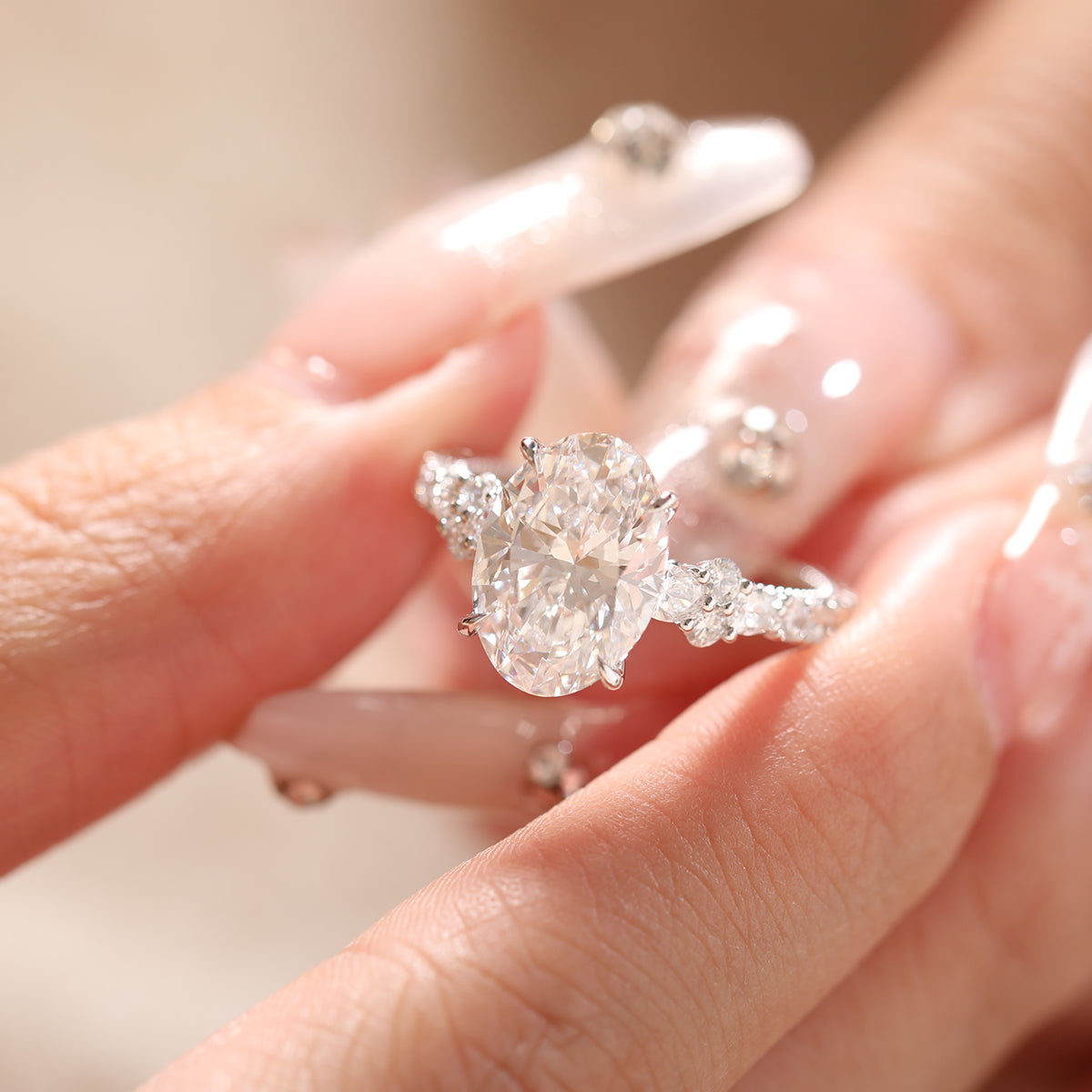 18K White Gold 3.5ct Oval Lab Diamond Vintage Ring with Millegrain and Lab Diamond Side-stones Pave