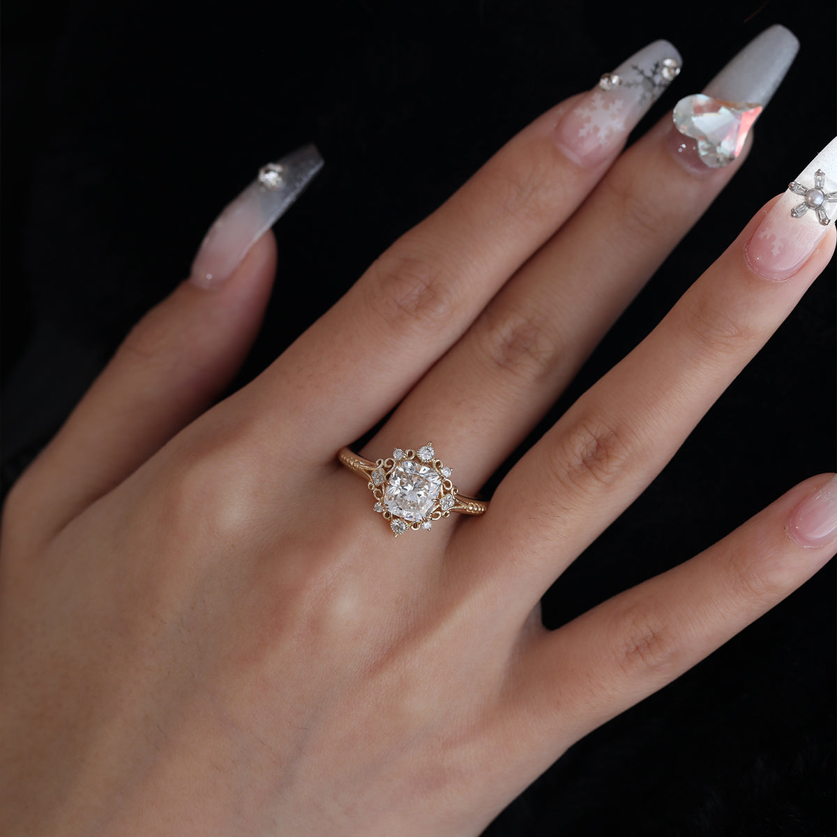 14K Yellow Gold 2.5ct Elongated Cushion Cut Lab Diamond Victoran-Style Ring with Floral Motifs