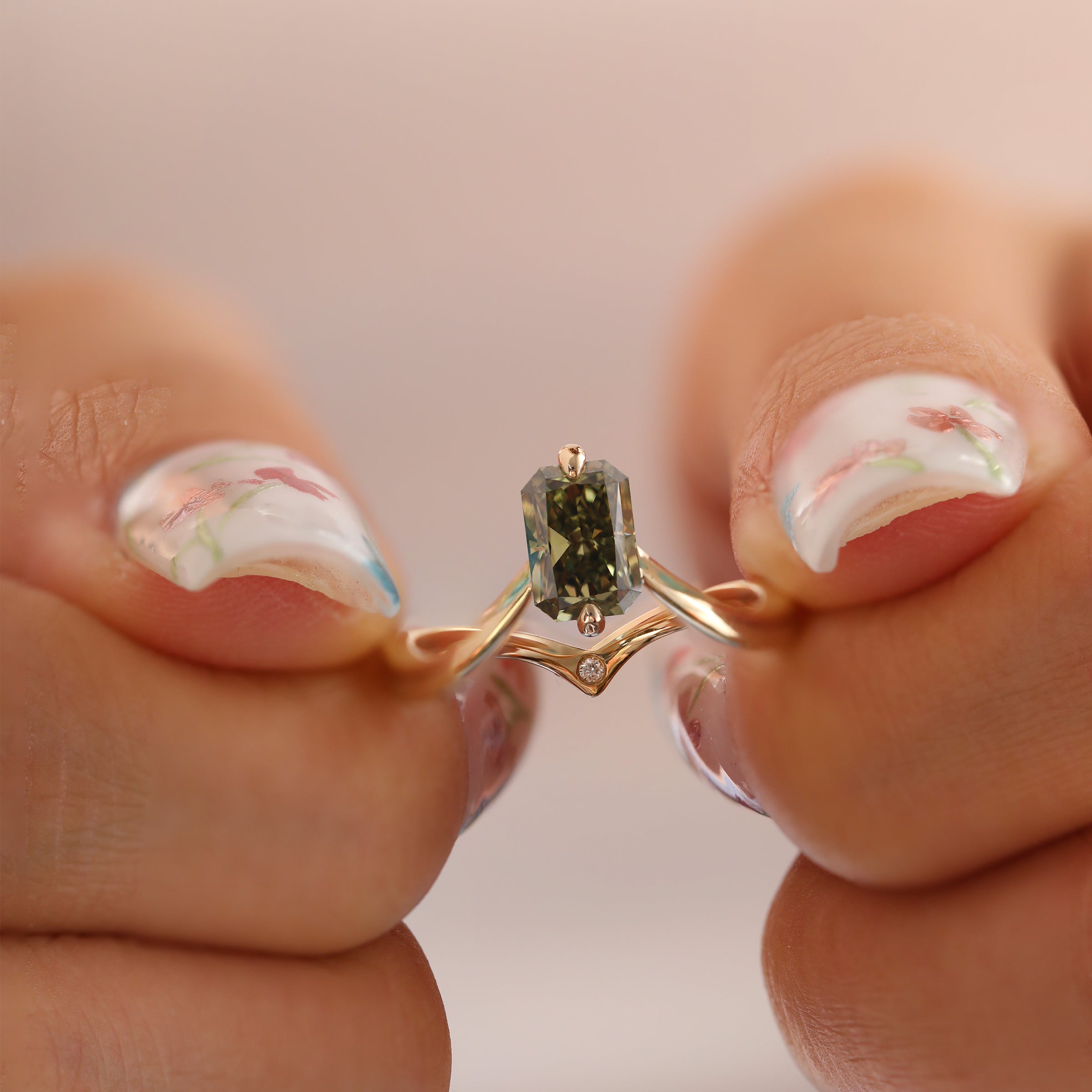 14K Yellow Gold Radiant Cut Green Lab Diamond Sylvan Crown Ring with a Hidden Round Diamond