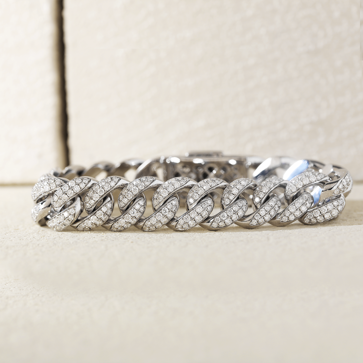 14K White Gold Men' s Iced Out Cuban Link Bracelet with Round Lab Diamond
