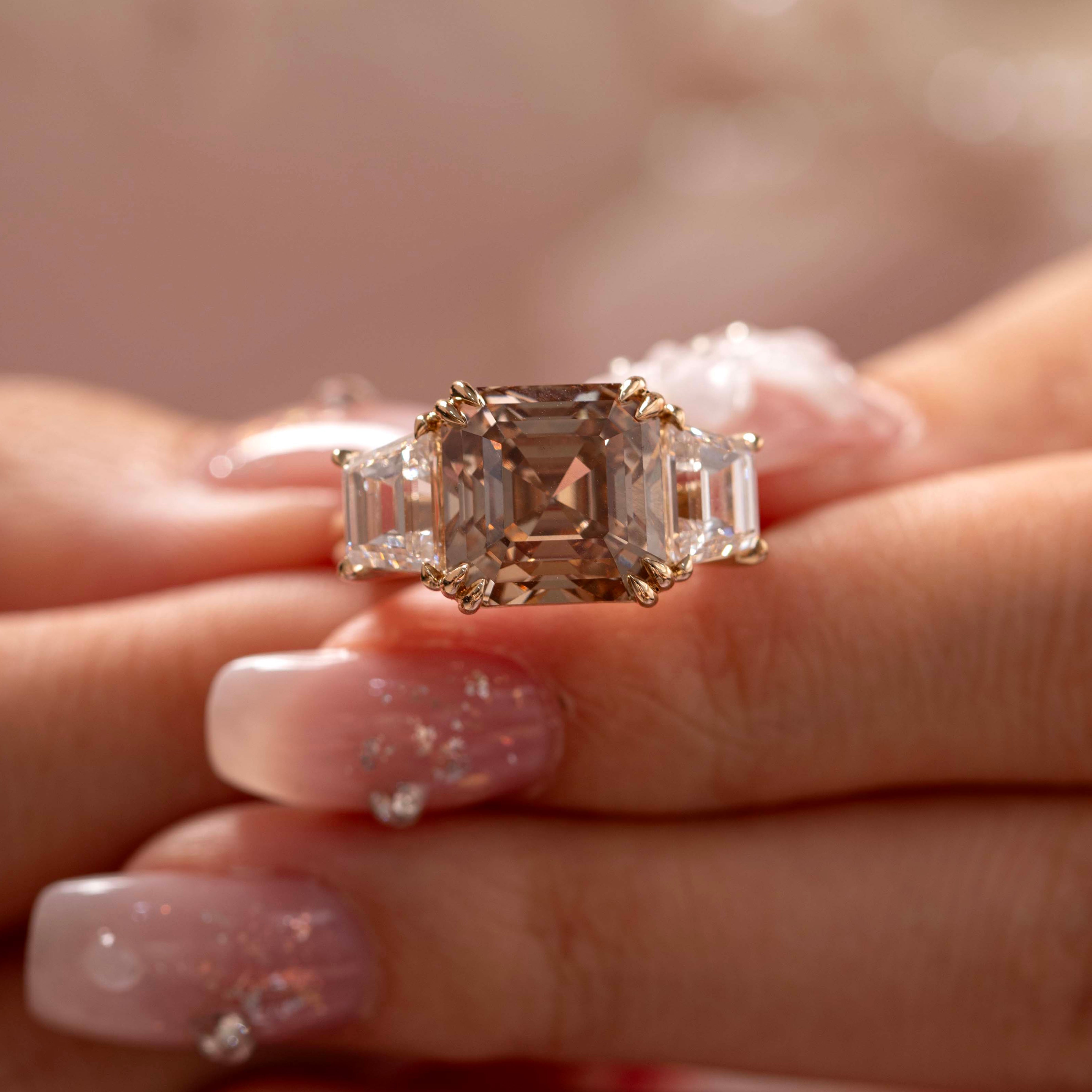 14K Yellow Gold 7ct Asscher Cut Brown Lab Diamond Double Claw Prongs Three-stone Ring with Two Trapezoid Step Cut Diamonds