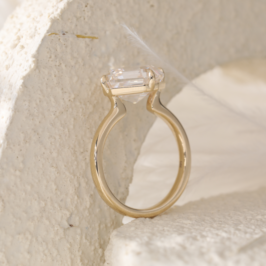 14K Yellow Gold 6ct Antique Asscher Cut Lab Diamond 4 Claw Prong Basket Solitaire Ring