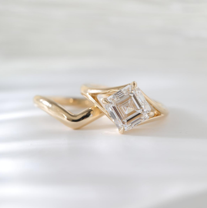 Asscher-Cut Lab Diamond Solitaire Bridal Set with Wavy Matching Band