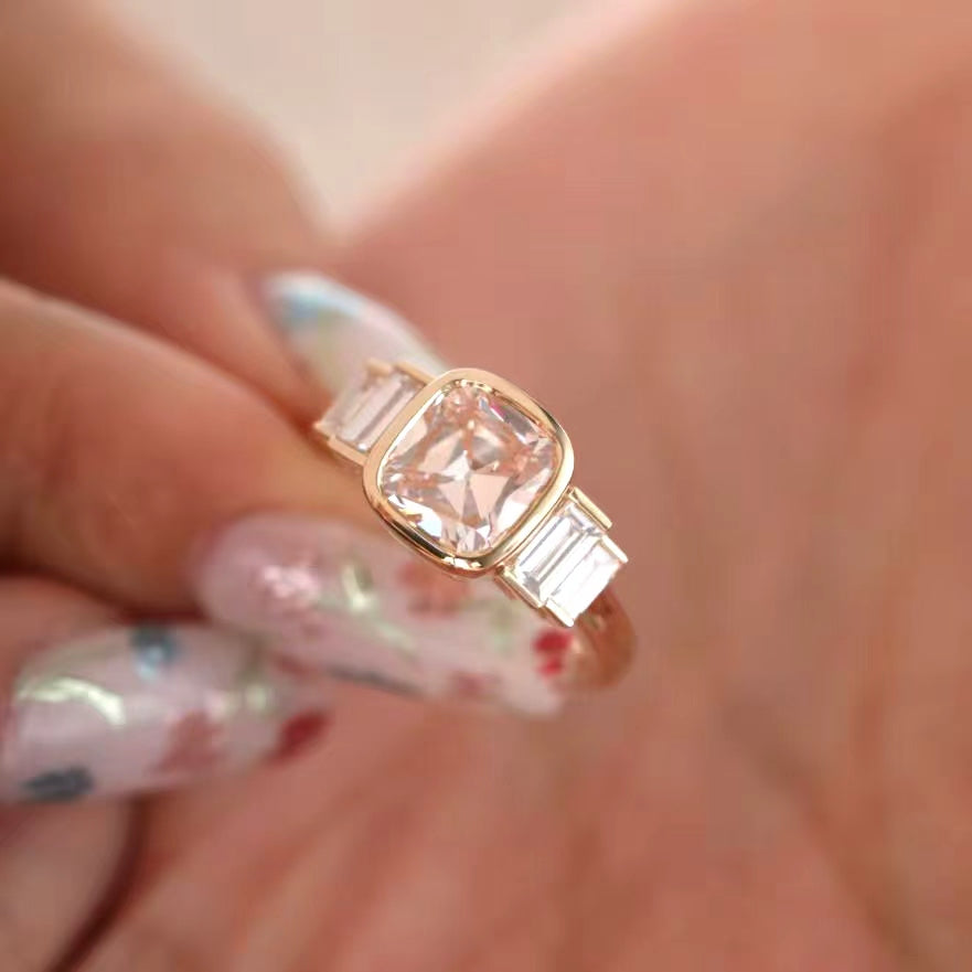 Old Mine-Cut Light Pink Lab Diamond Five-Stone Ring with Bezel Setting and Half-Bezel Baguette Lab Diamond Side Stones