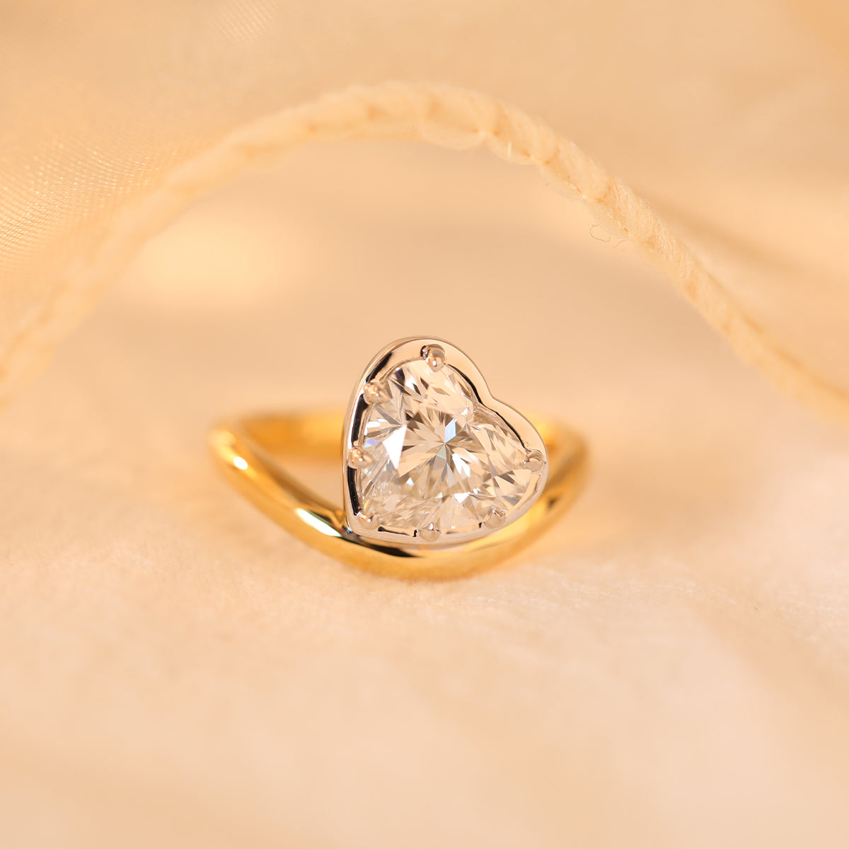 Cherished Moments 14K Yellow Gold 2.5ct Heart Shaped Lab Diamond Ring with White Gold Bezel and Wave Band