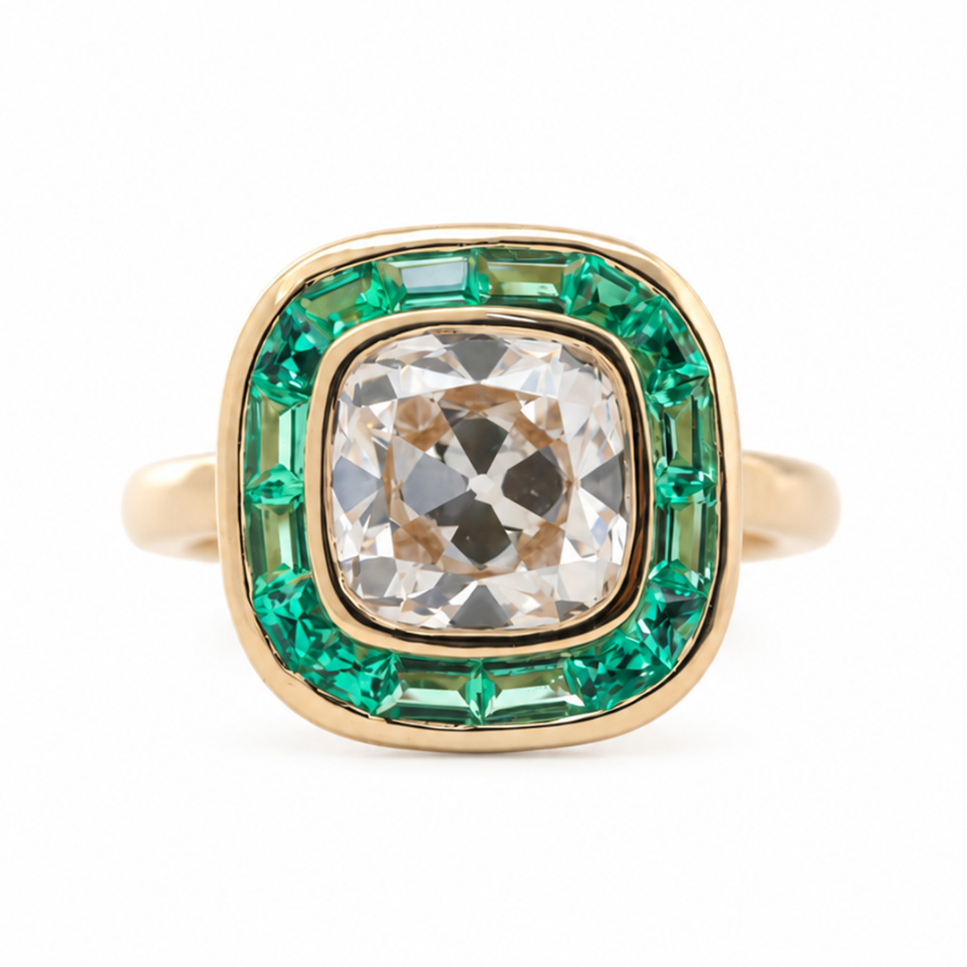 Old Mine-Cut Lab Diamond Bezel Ring with Tapered Baguette Emerald Halo
