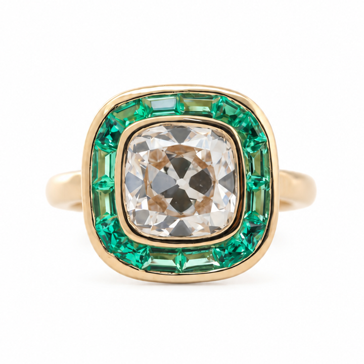 Old Mine-Cut Lab Diamond Bezel Ring with Tapered Baguette Emerald Halo