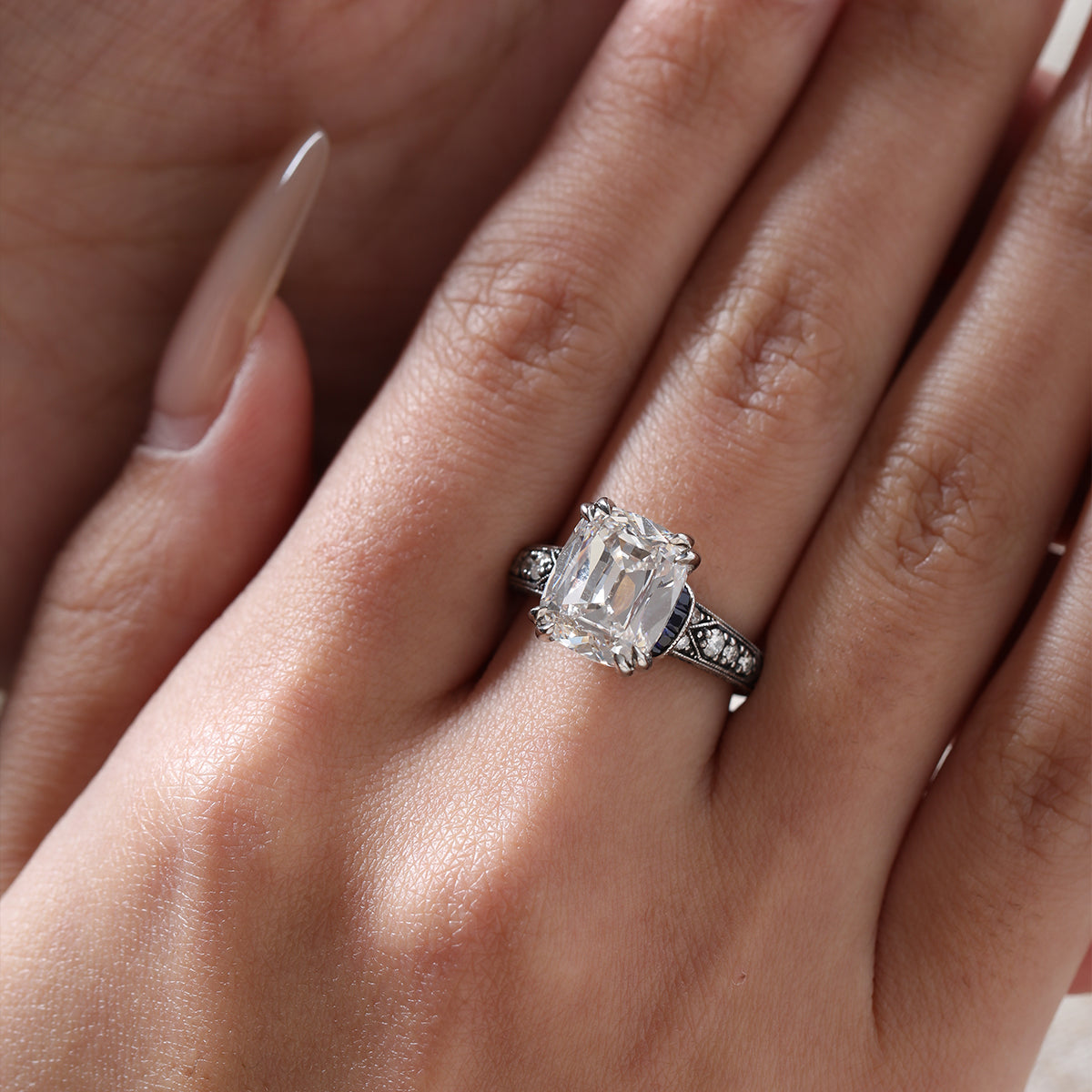 18K Gold 4.5ct Elongated Old Mine Cut Lab Diamond Antique-inspired Ring with Princess Cut Lab Sapphire & Round Cut Lab Diamond Side-stone