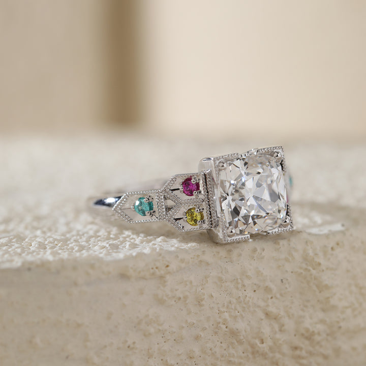 OMC Diamond Millegrain Ring with Fancy Color Gem Side Stones
