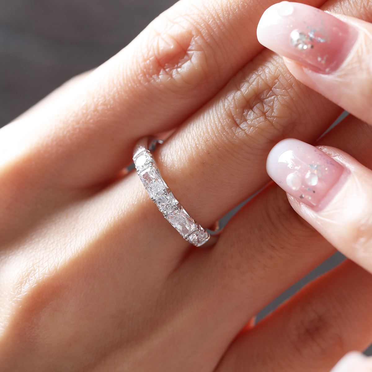 14K White Gold Round and Radiant Cut Lab Diamond 5 Stone Half Eternity Ring