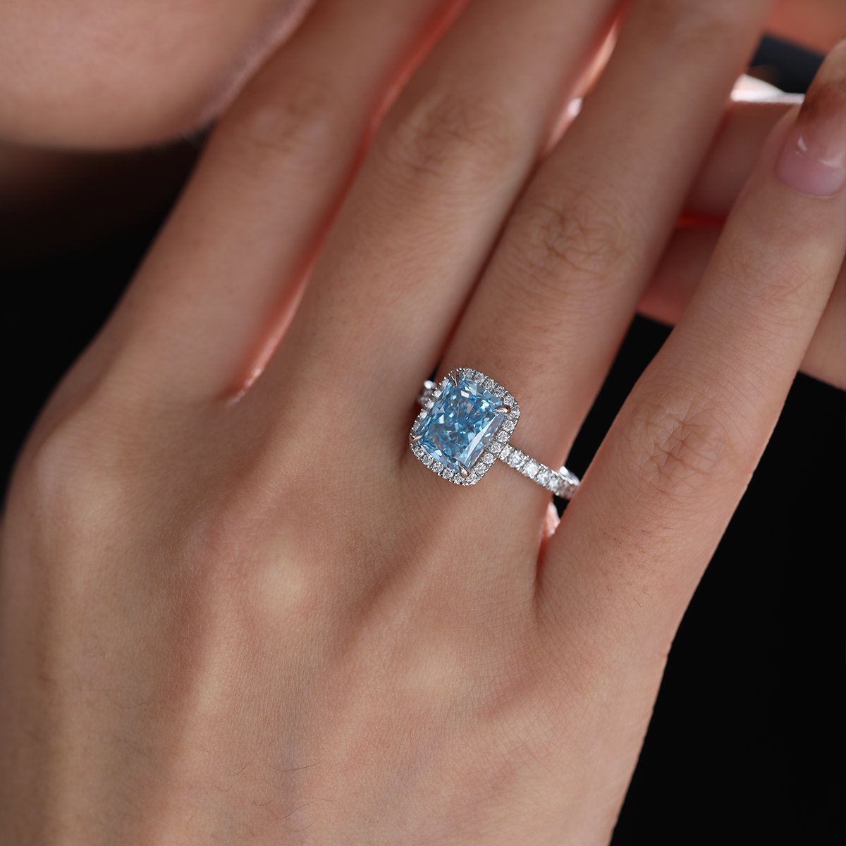 Platinum 2.5ct Radiant Cut Blue Lab Diamond Ring with Round Lab Diamond Halo and U-shape Pave