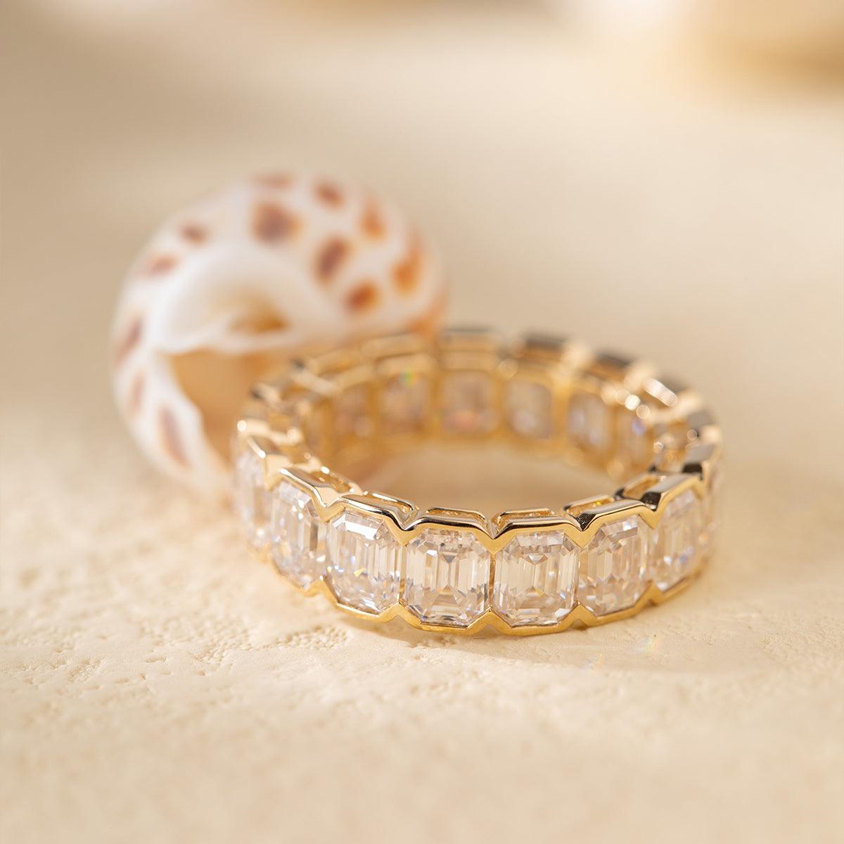 14K Yellow Gold Emerald Cut Lab Diamond Half Bezel Eternity Ring