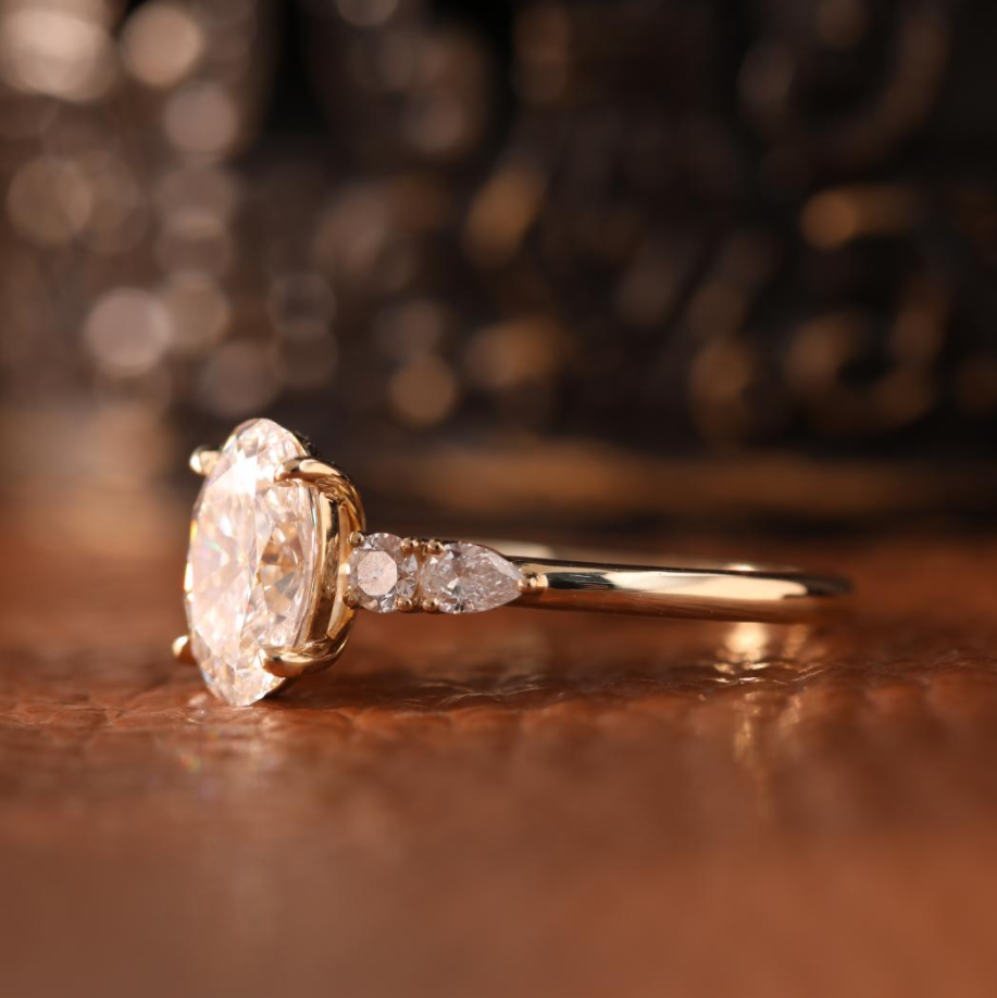 Oval Lab Diamond 4 Claw Prong Basket Ring with Round and Pear Lab Diamond Side-stones