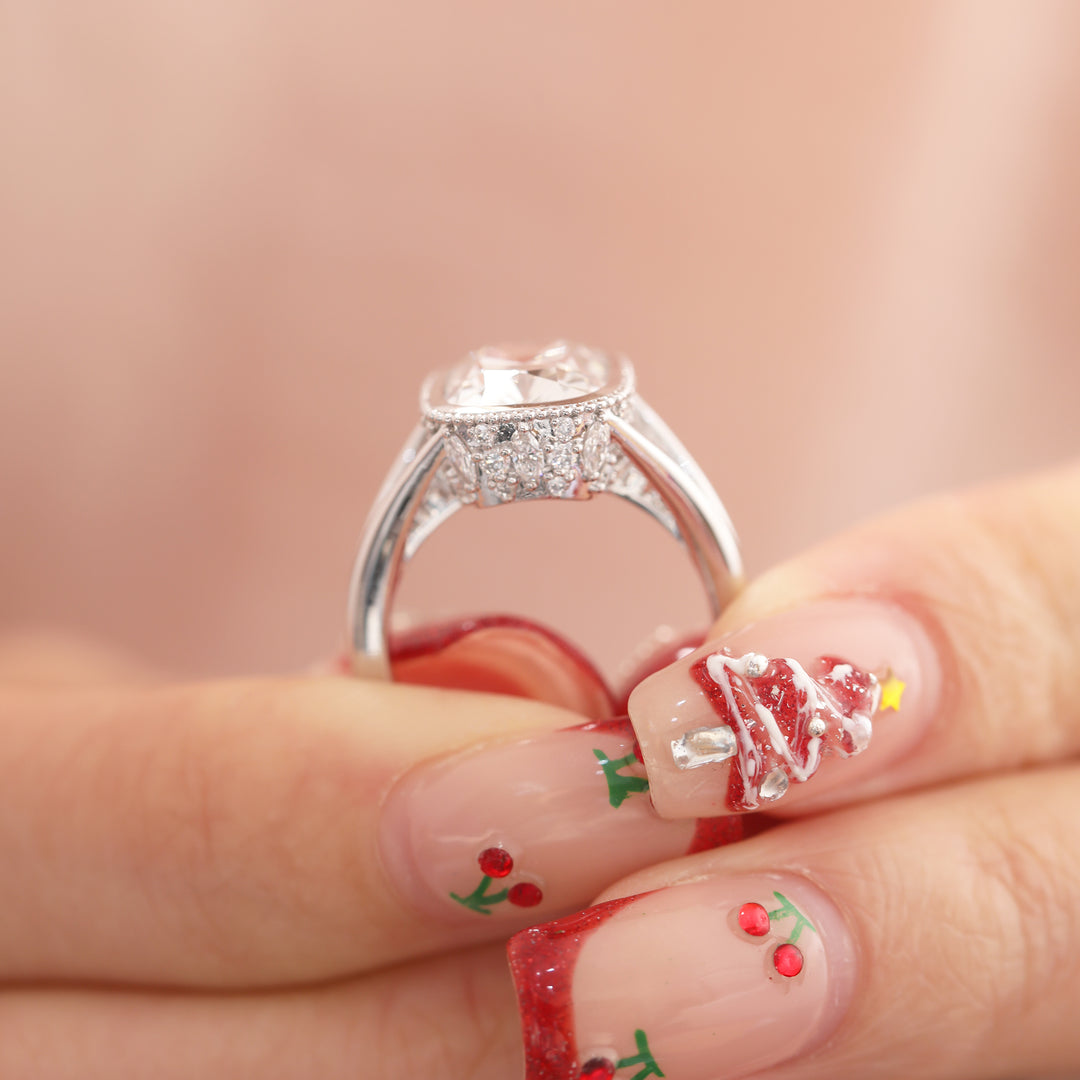 Elongated OMC Diamond Bezel Ring with Round &amp; Marquise-Cut Side Stones and Millegrain