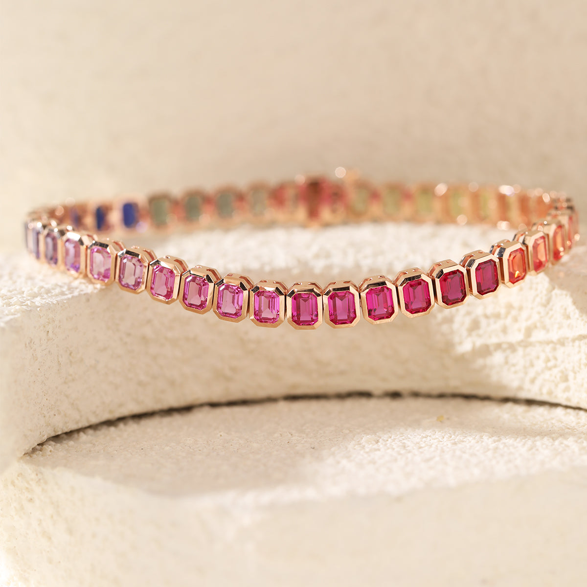 18K Rose Gold Emerald Cut Rainbow Color Lab Sapphie Bezel Setting Tennis Bracelet