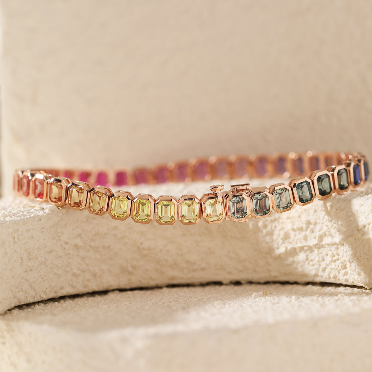 18K Rose Gold Emerald Cut Rainbow Color Lab Sapphie Bezel Setting Tennis Bracelet
