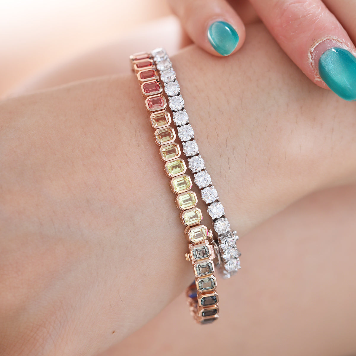 18K Rose Gold Emerald Cut Rainbow Color Lab Sapphie Bezel Setting Tennis Bracelet