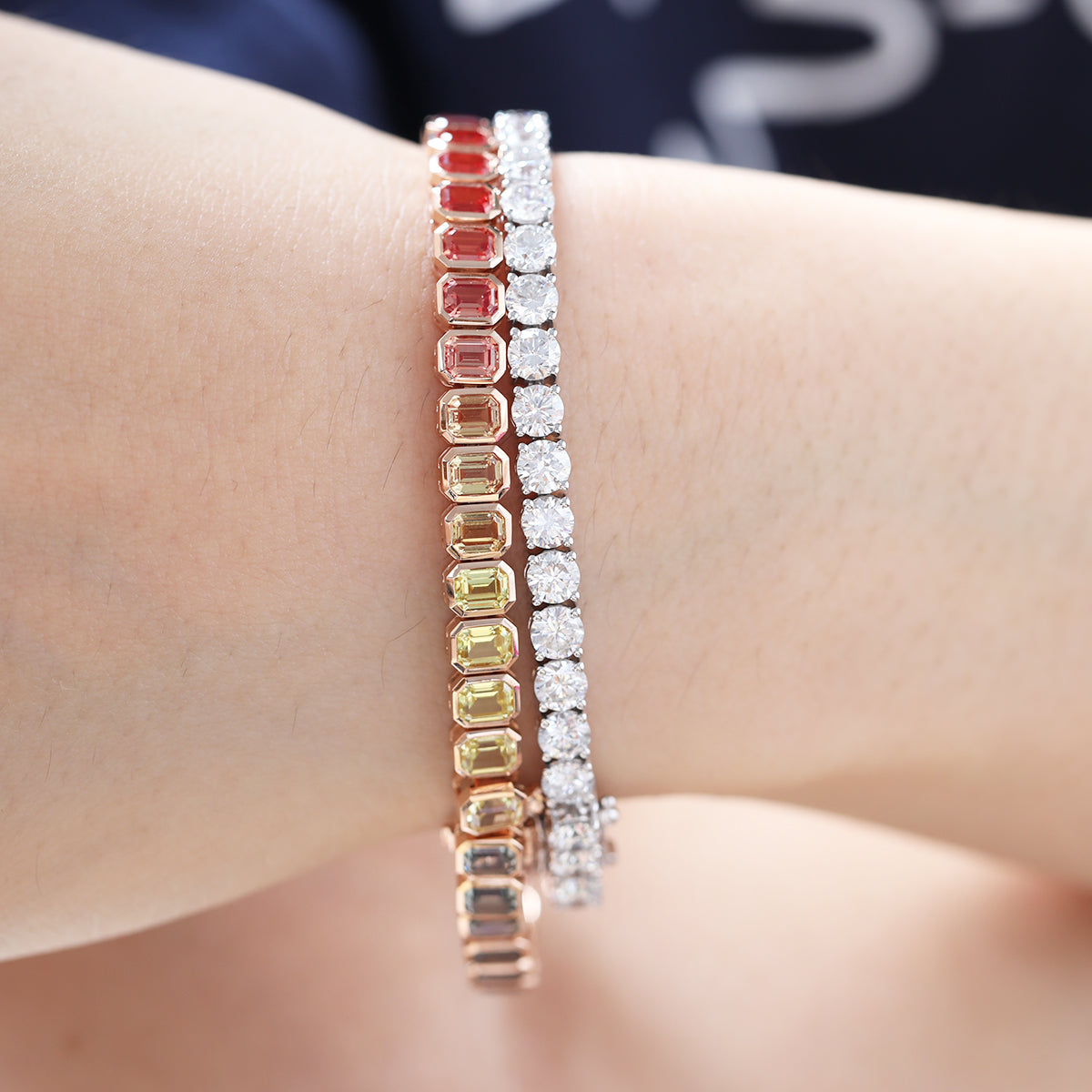 18K Rose Gold Emerald Cut Rainbow Color Lab Sapphie Bezel Setting Tennis Bracelet