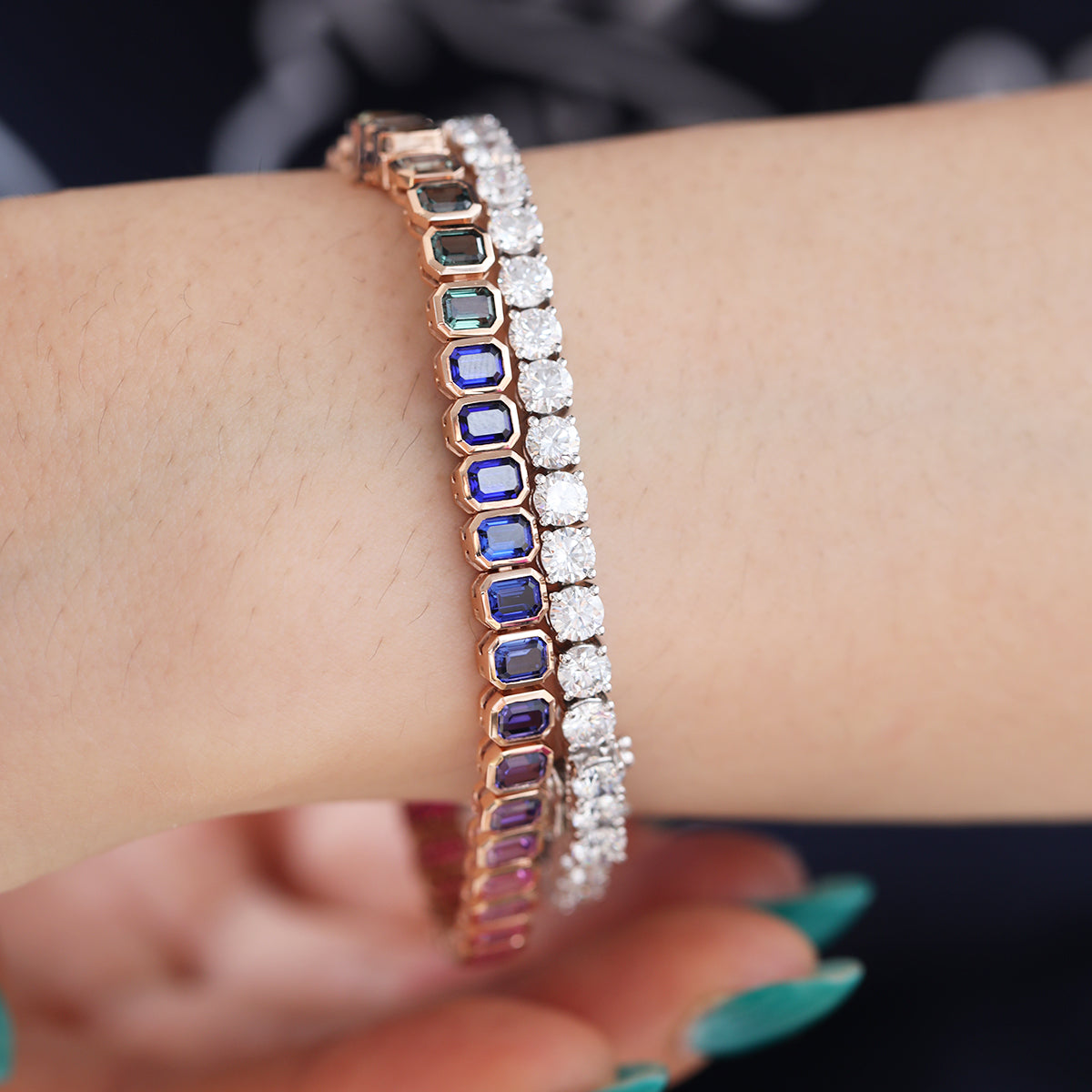 18K Rose Gold Emerald Cut Rainbow Color Lab Sapphie Bezel Setting Tennis Bracelet