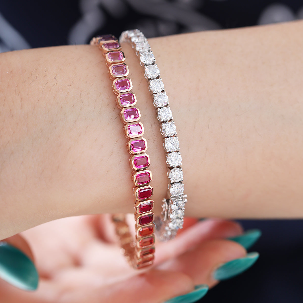 18K Rose Gold Emerald Cut Rainbow Color Lab Sapphie Bezel Setting Tennis Bracelet