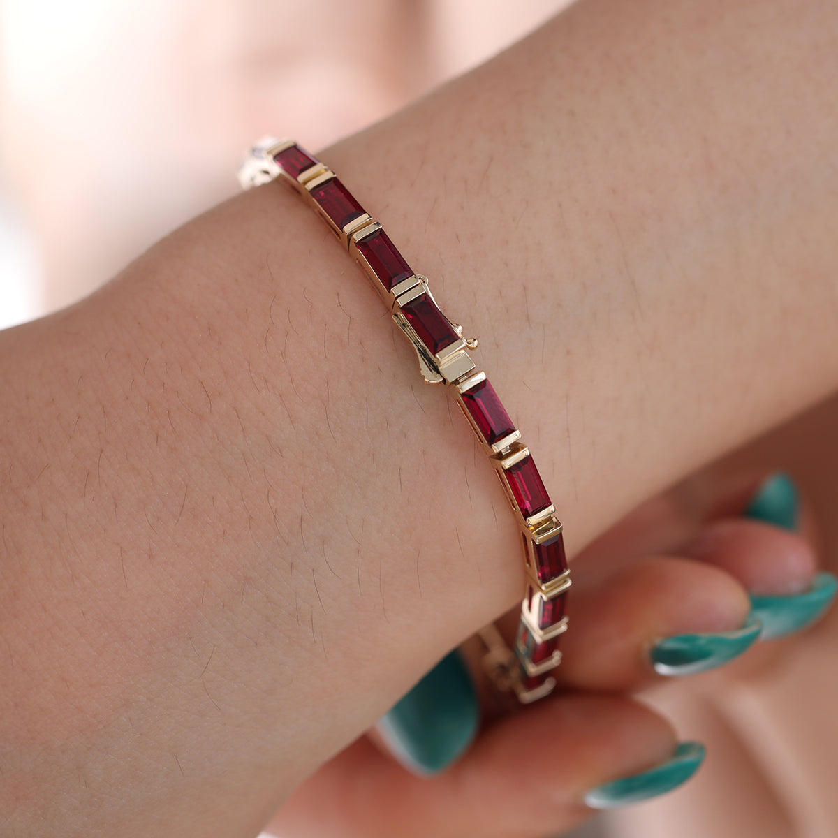 14K Yellow Gold Baguette Cut Lab Ruby Half Bezel Tennis Bracelet