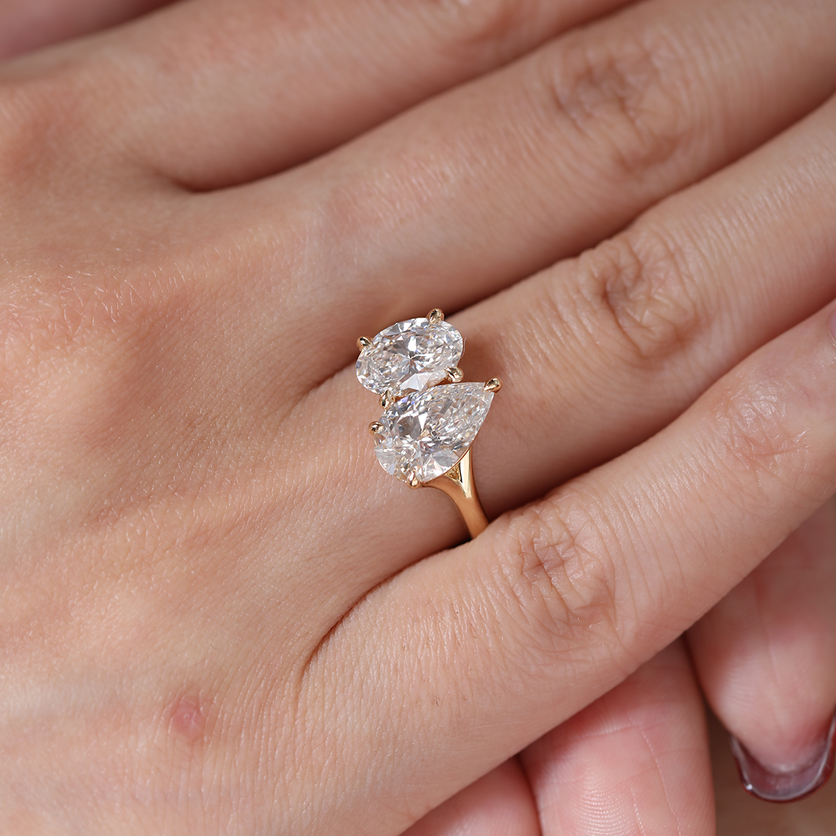 18K Yellow Gold Oval and Pear Lab Diamond Toi et Moi Ring