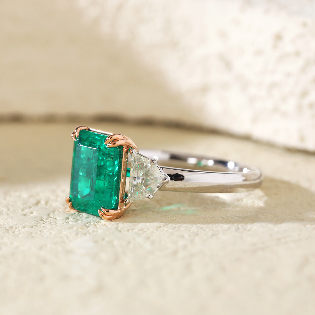 18K White and Rose Gold 2ct Lab Emerald Three Stone Ring with Cadillac Cut Lab Diamond Side-stone