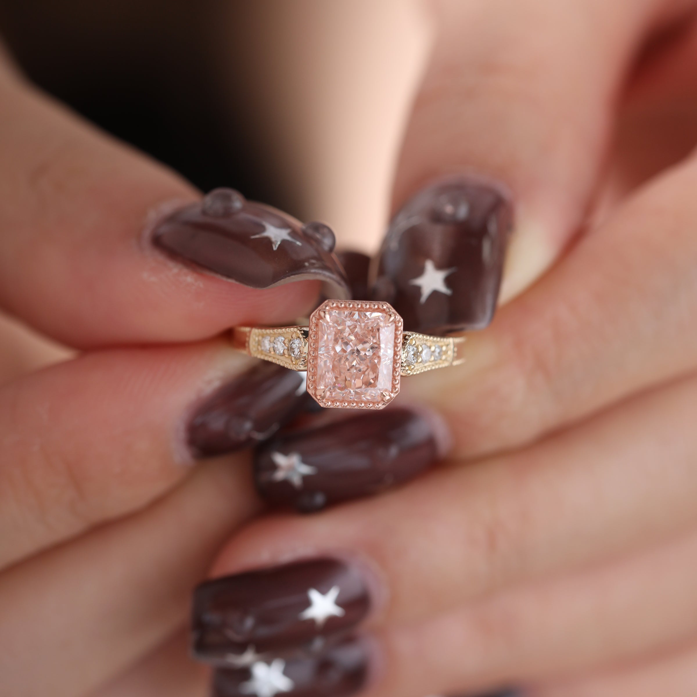 14K Yellow and Rose Gold 1.5ct Radiant Cut Pink Lab Diamond Millegrain Vintage Design Ring with Round Lab Diamond Side-stone