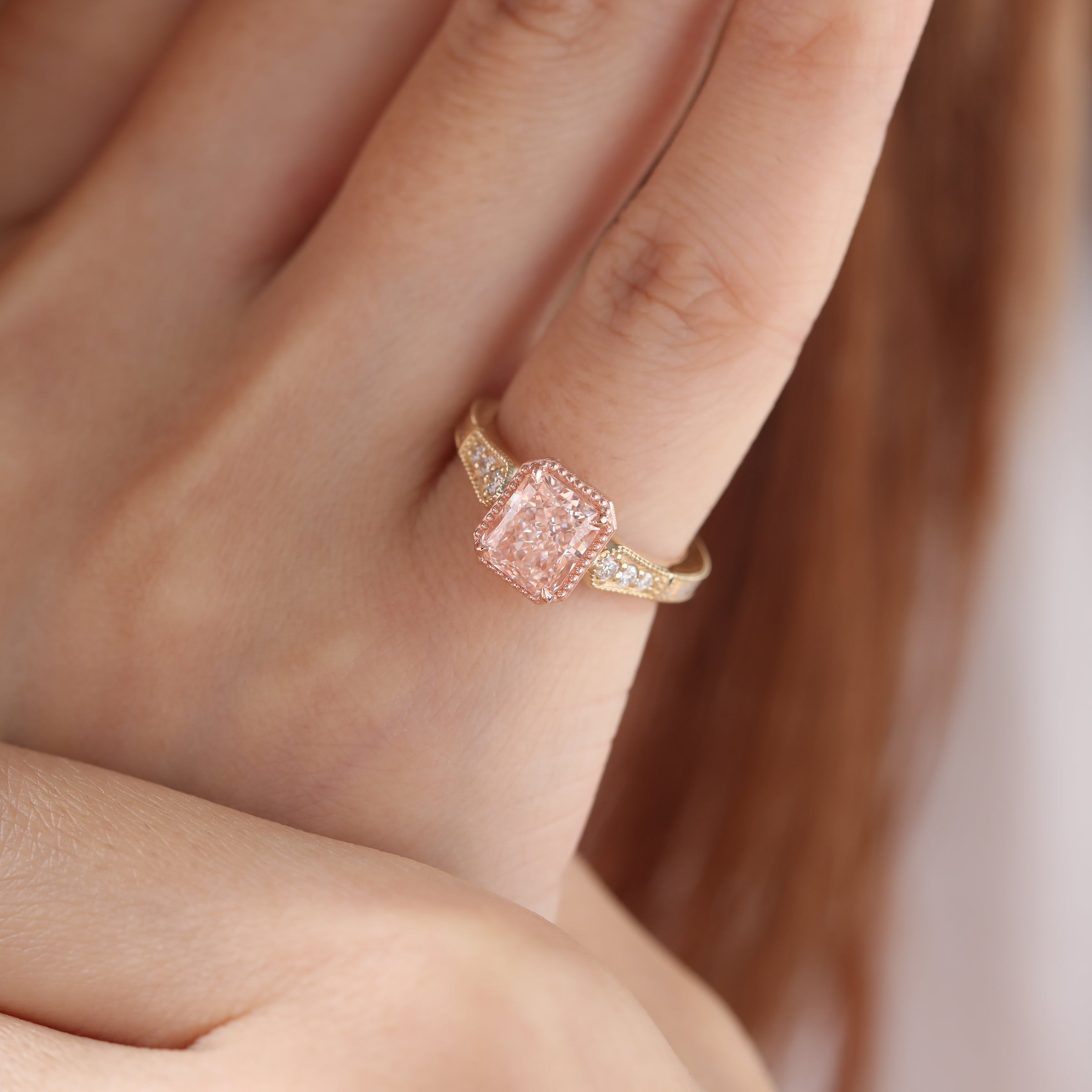 14K Yellow and Rose Gold 1.5ct Radiant Cut Pink Lab Diamond Millegrain Vintage Design Ring with Round Lab Diamond Side-stone