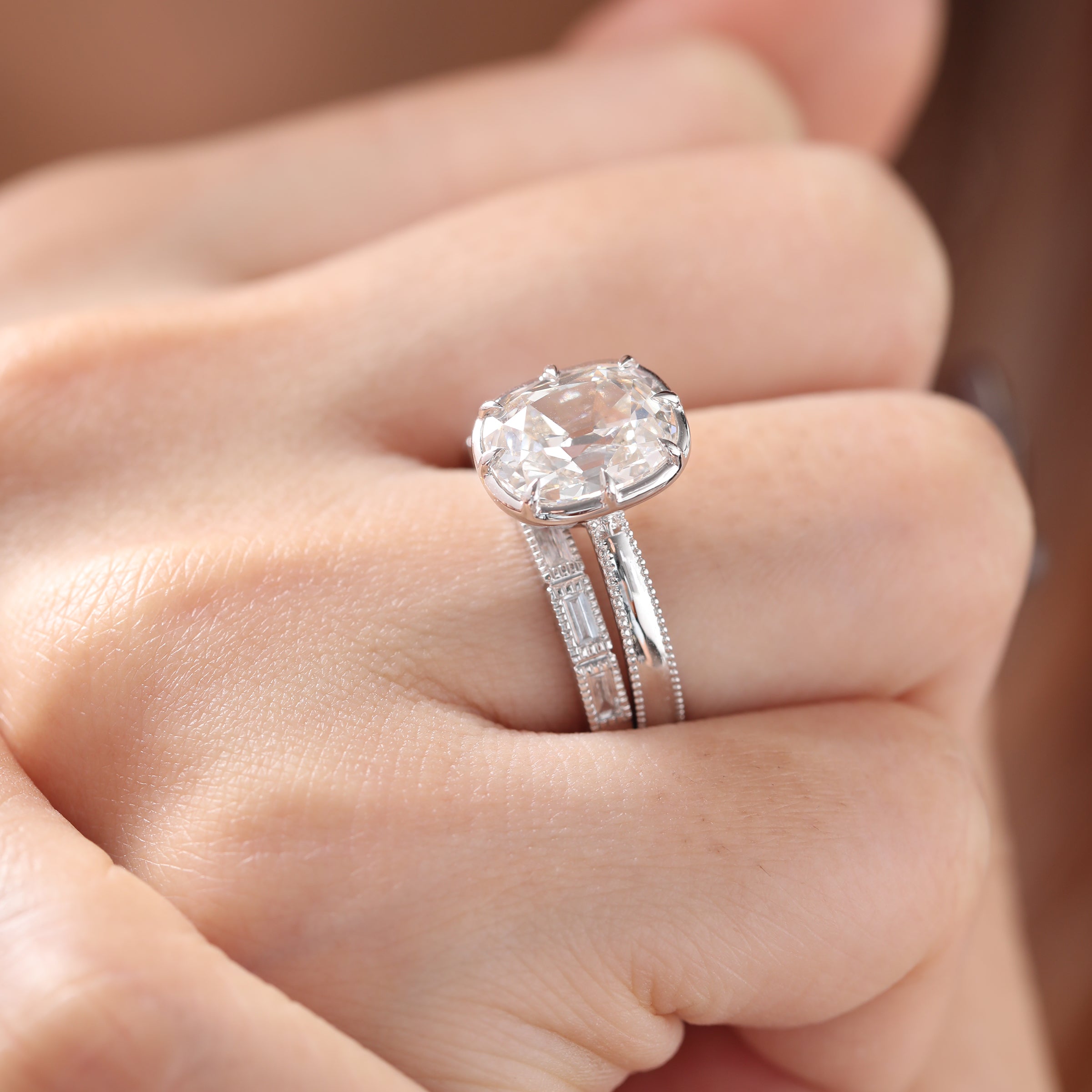 14K White Gold 3ct Elongated Old Mine Cut Lab Diamond 8 Claw Prong Basket Solitaire Ring with Millegrain Tapered Band Design