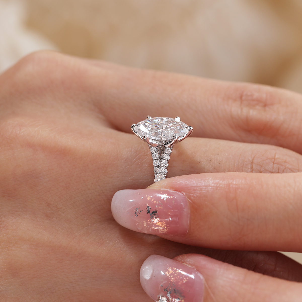 Marquise Cut Lab Diamond Six Claw Prongs Floral Basket Ring — With Round Lab Diamond Pave Split Band Design