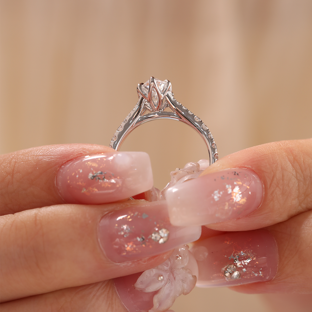 Marquise Cut Lab Diamond Six Claw Prongs Floral Basket Ring — With Round Lab Diamond Pave Split Band Design