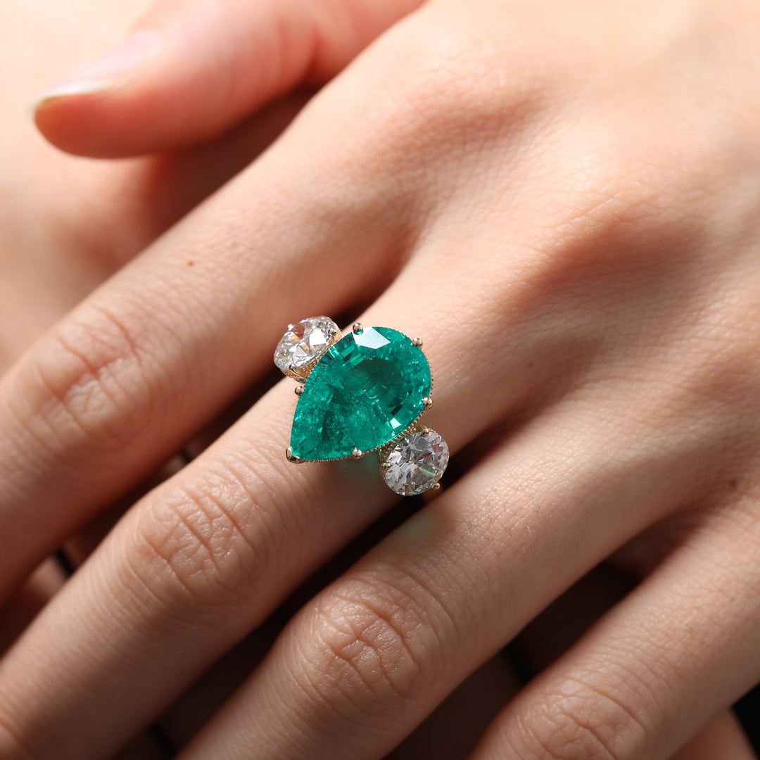 Pear Lab Emerald Three-Stone Engagement Ring with Old European-Cut Lab Diamond Side Stones
