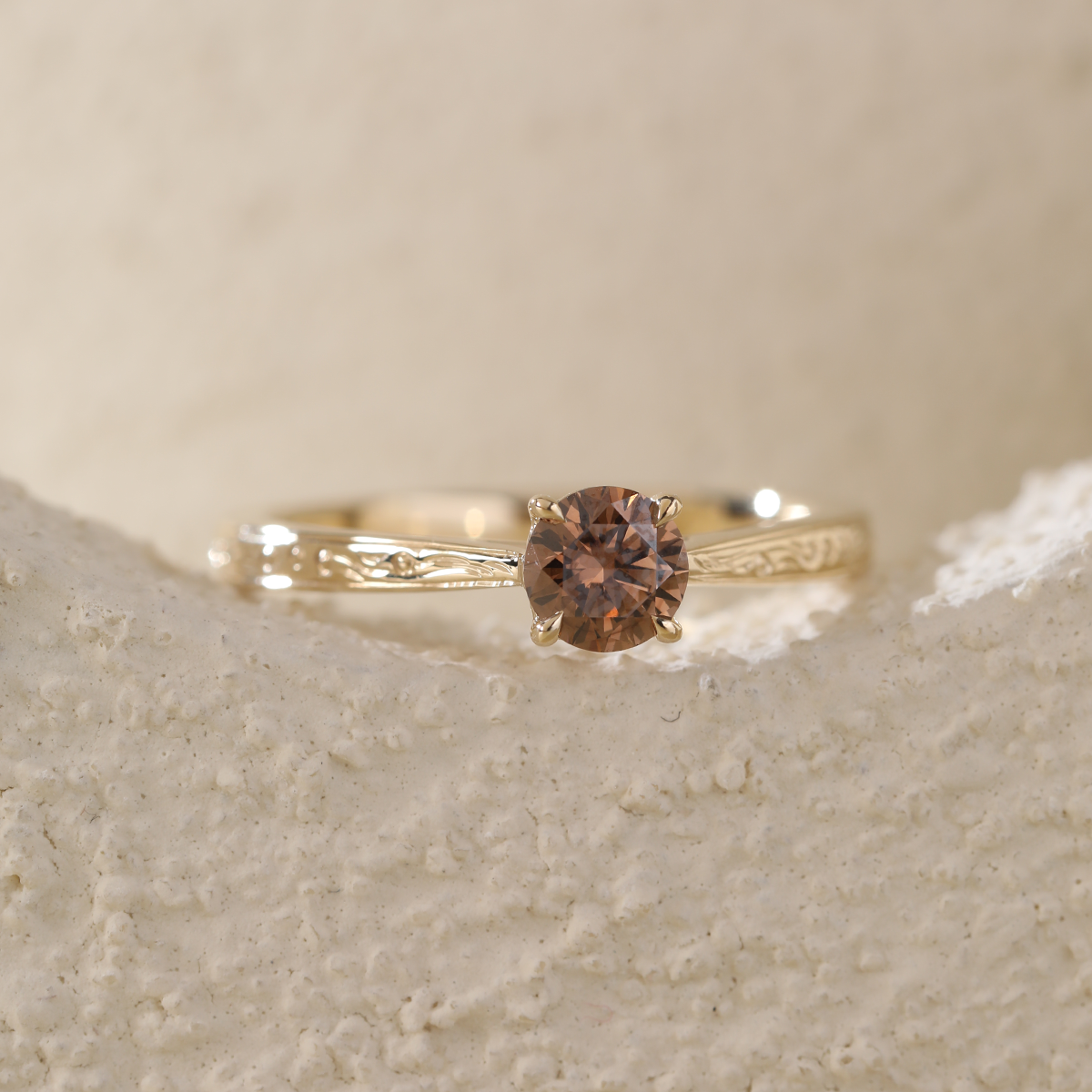 14K Yellow Gold Brown Round Cut Lab Diamond 4 Claw Prong Cathedral Setting Solitaire Ring with Floral Engraving