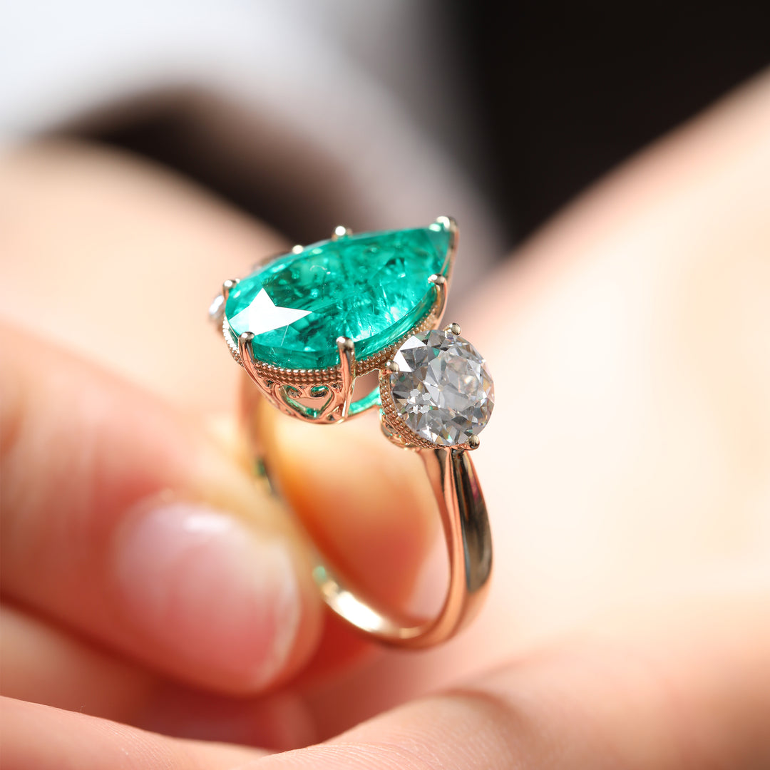 Pear Lab Emerald Three-Stone Engagement Ring with Old European-Cut Lab Diamond Side Stones