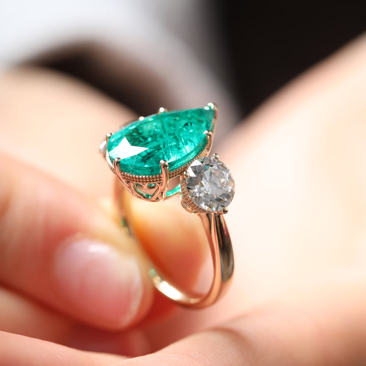 Pear Lab Emerald Three-Stone Engagement Ring with Old European-Cut Lab Diamond Side Stones