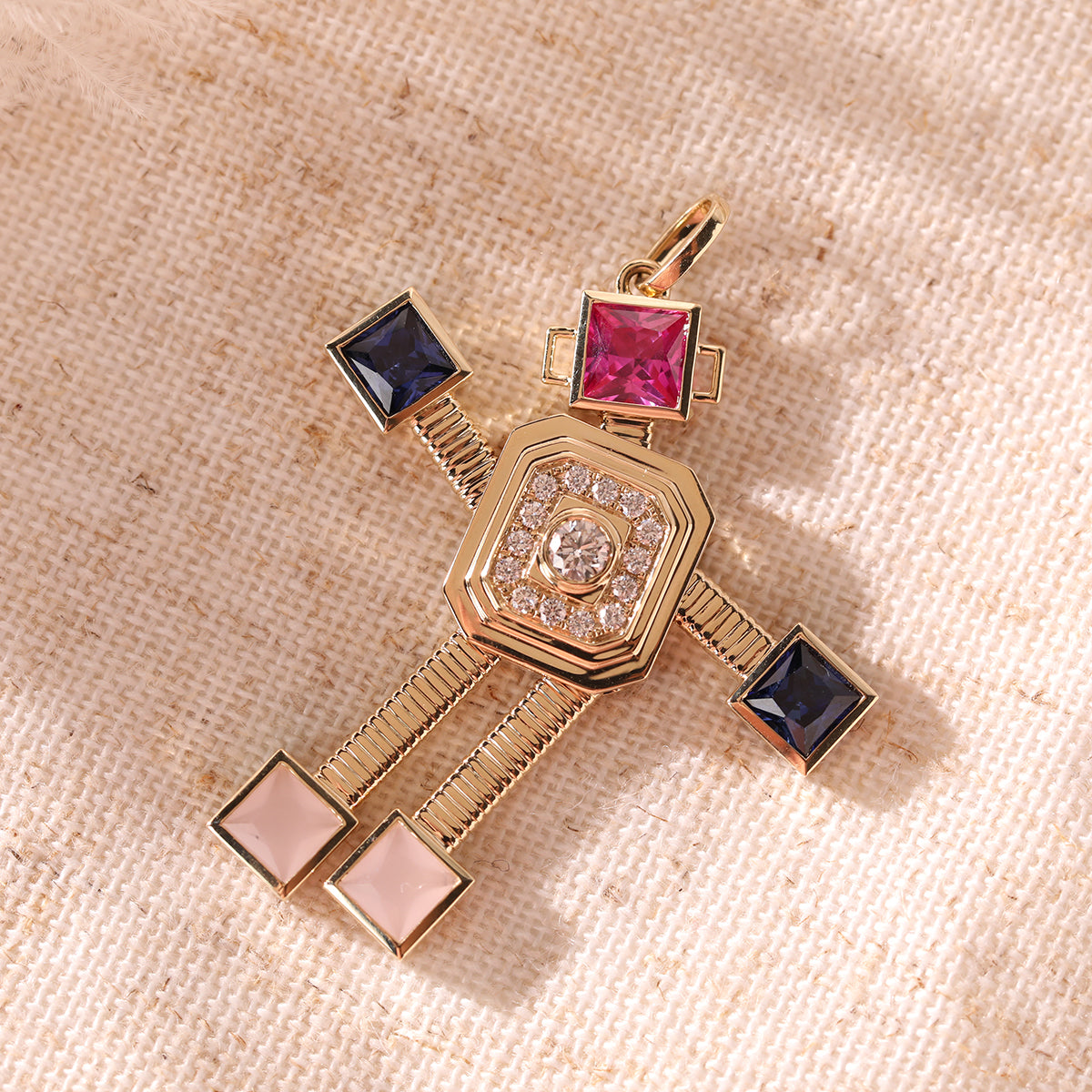 14K Yellow Gold Robot Pendant Necklace with Round Lab Diamond and Color Princess Cut Lab Corundom