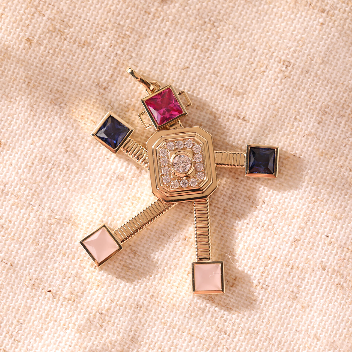 14K Yellow Gold Robot Pendant Necklace with Round Lab Diamond and Color Princess Cut Lab Corundom