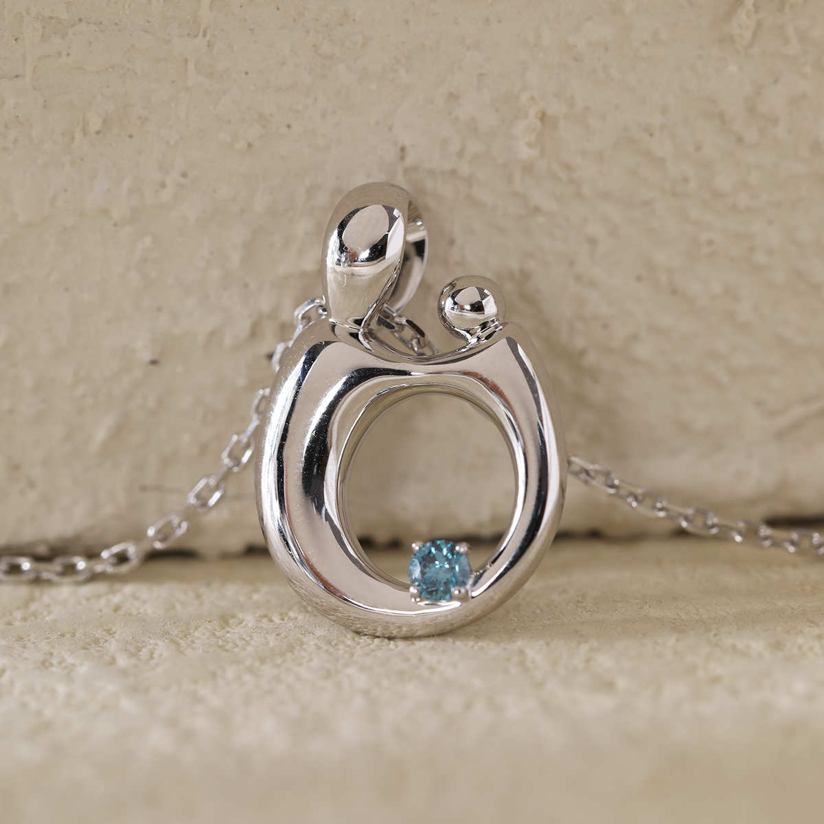 14K White Gold Mother and Child Pendant Necklace with Blue Round Lab Diamond