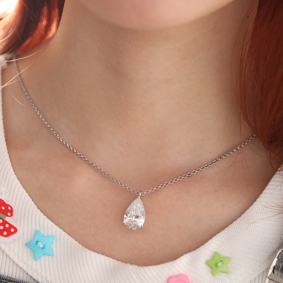 14K White Gold Necklace with 6ct Pear Shaped Lab Diamond Pendant in 3 Prong Basket Setting and Rolo Chain