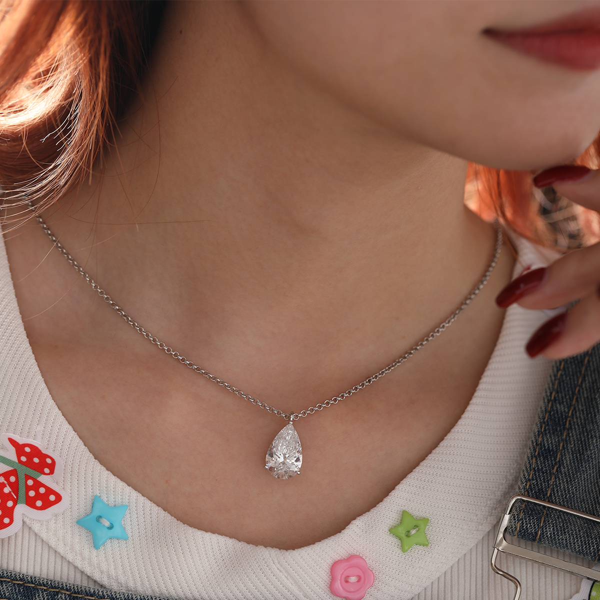 14K White Gold Necklace with 6ct Pear Shaped Lab Diamond Pendant in 3 Prong Basket Setting and Rolo Chain