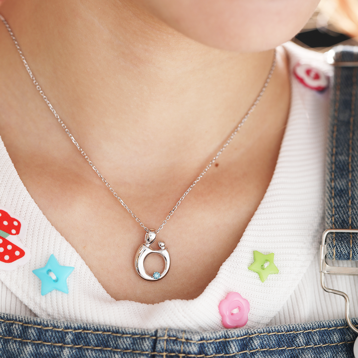 14K White Gold Mother and Child Pendant Necklace with Blue Round Lab Diamond