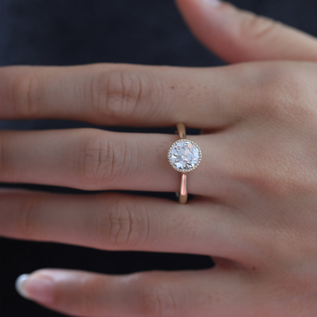 Old European-Cut Lab Diamond Bezel Solitaire Ring with Floral Basket
