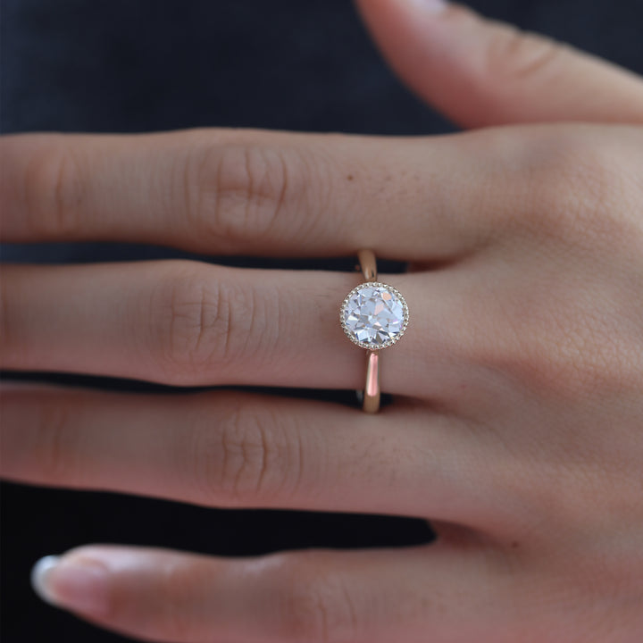 Old European-Cut Lab Diamond Bezel Solitaire Ring with Floral Basket