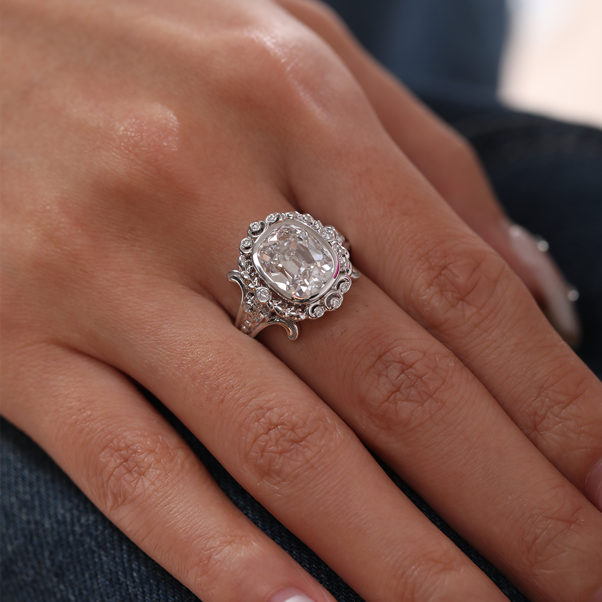 Platinum 4.5ct Elongated Lab Diamond Antique-inspired Ring