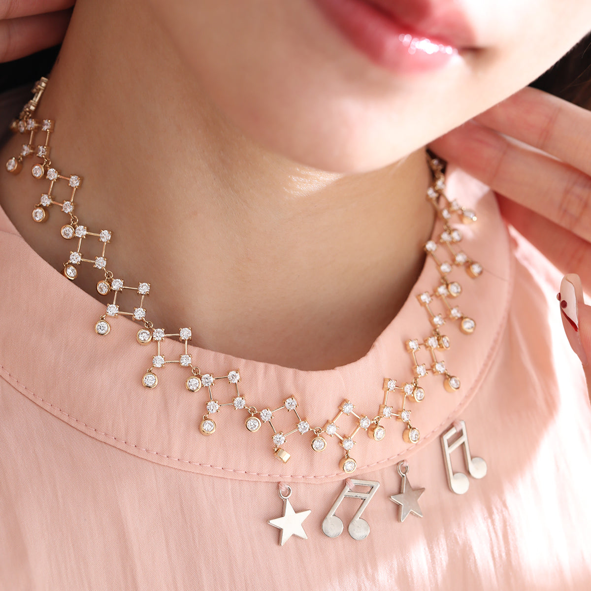 14K Yellow Gold Round Lab Diamond Lace Necklace