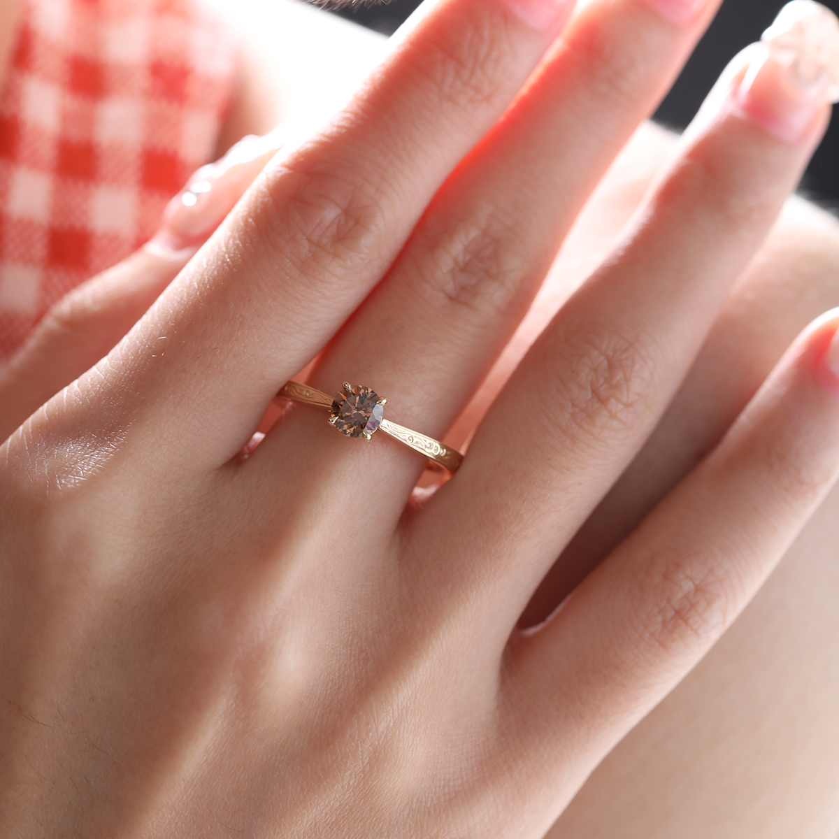 14K Yellow Gold Brown Round Cut Lab Diamond 4 Claw Prong Cathedral Setting Solitaire Ring with Floral Engraving